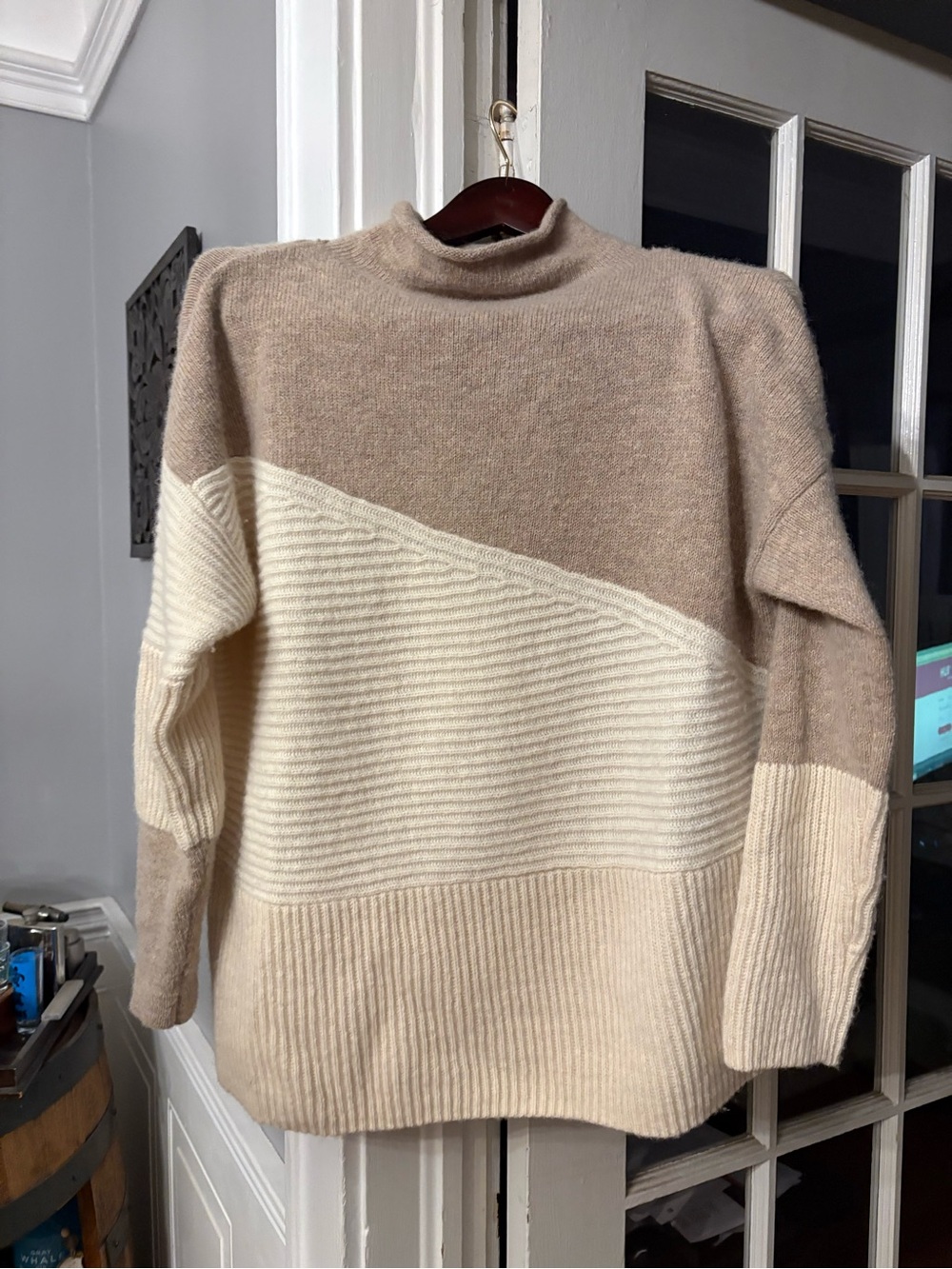 French Connection Two-Tone Beige & Cream Turtleneck Sweater